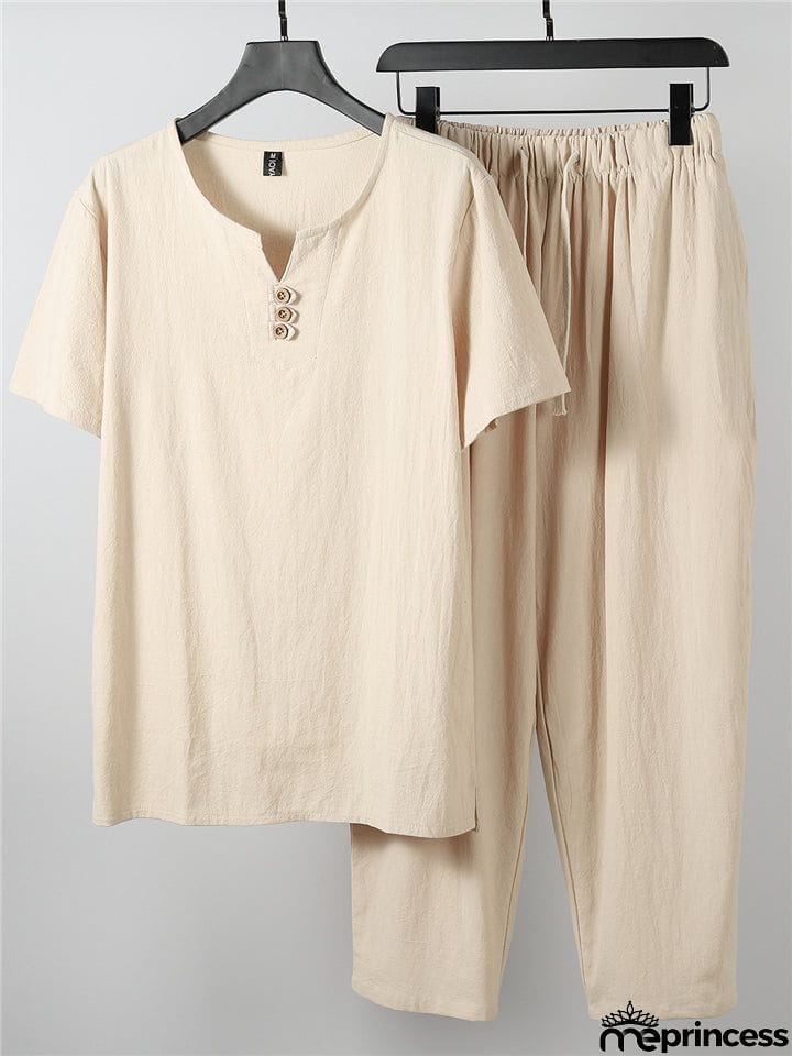 Laid-Back Style Notched Neck Button Detailing Soft Cotton Set T-Shirt + Drawstring Pants