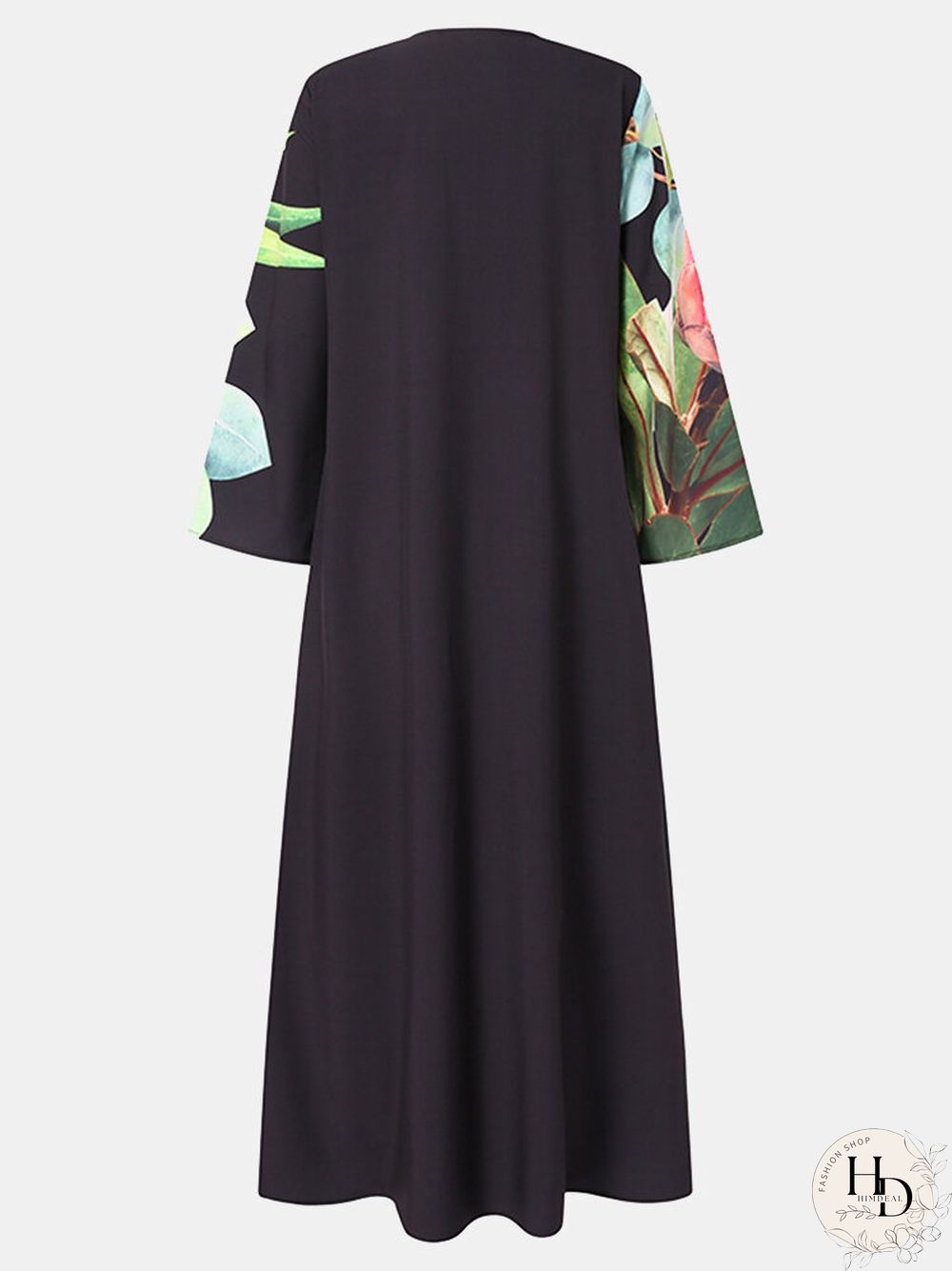 Calico Pocket V-neck Long Sleeve Print Dress For Women