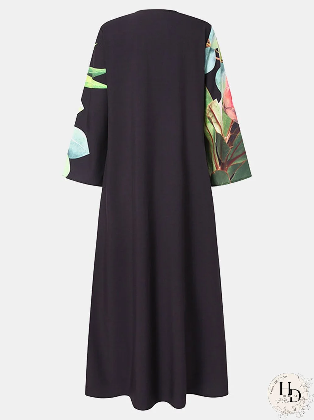 Calico Pocket V-neck Long Sleeve Print Dress For Women