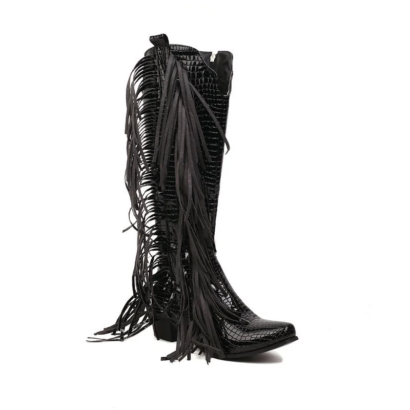 Women's Knee High Fringe Cowboy Boots Pointed Toe Block Heels Western Boots