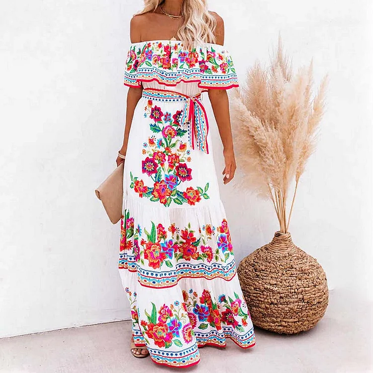 Fashion Off Shoulder Blossom Printed  Maxi Dress