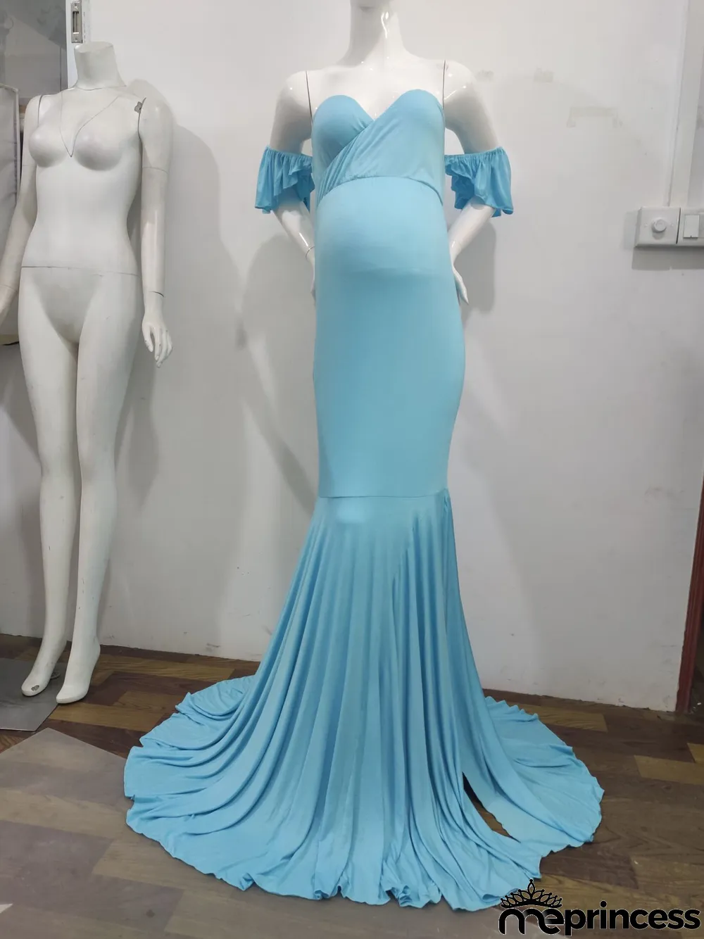 Maternity Ruffle Sleeve Cross V-Neck Trailing Dress