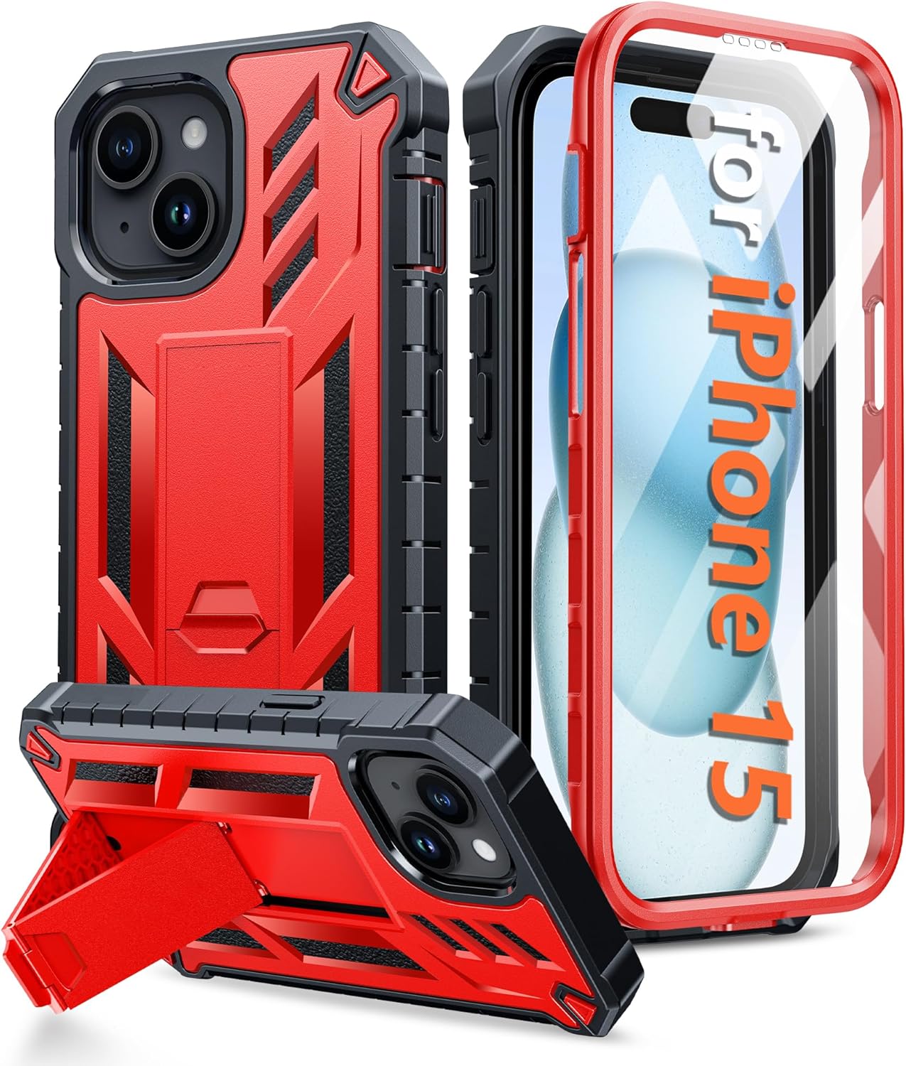 ProCaseMall iPhone 15 Phone Case Military Grade Shockproof Full Protection Hard Phonecase with Kickstand Red