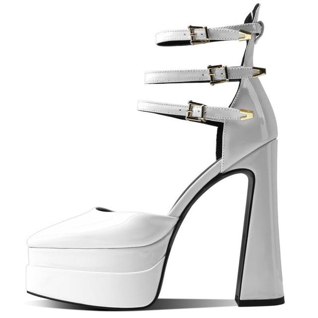 GOOSHOE Pointed Toe Patent Leather Roman Sandals Women's Platform Thick High Heel Pumps