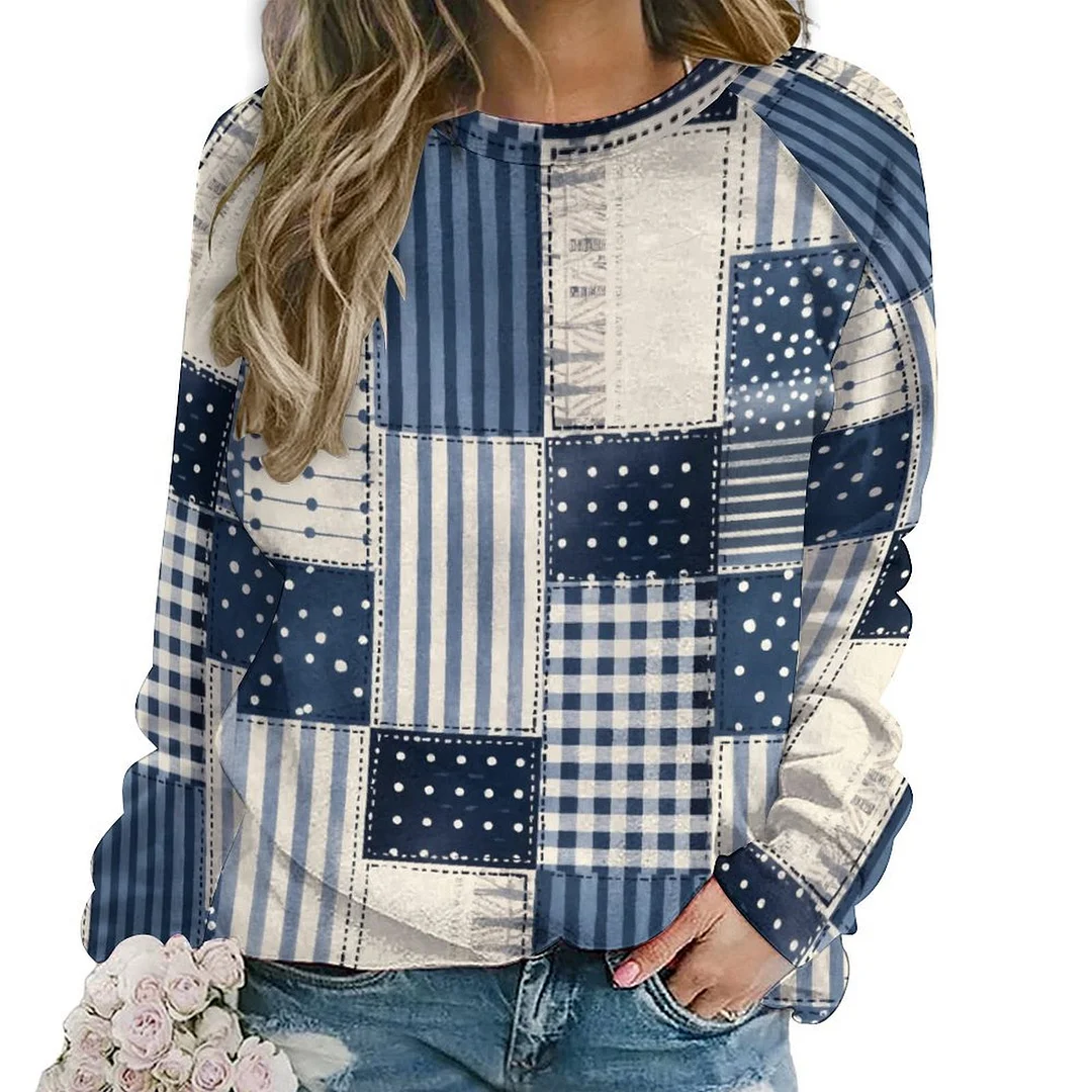 Style & Comfort for Mature Women Printed Long Sleeve Casual Sweatshirt for  Women and Men Unisex Pattern Patchwork, Blue, Denim