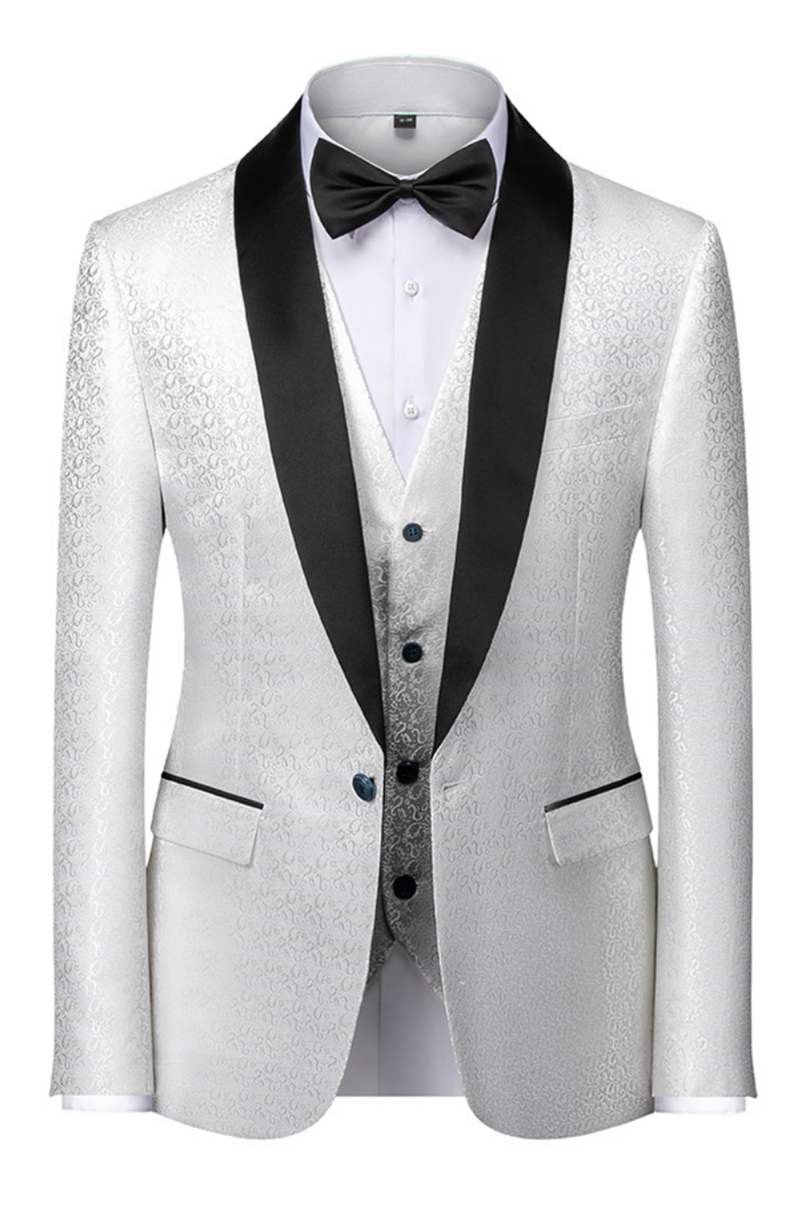 Black and White Unique Floral Jacquard Wedding Suit With Shawl Lapel | Ballbellas Ballbellas