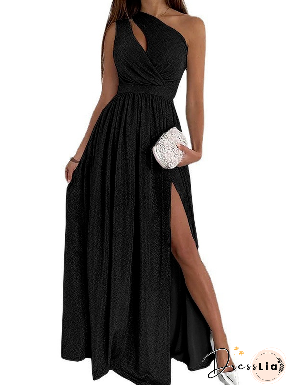 Elegant Hollow Split Chic Sexy Dresses Women Summer Dress New Sloping Shoulder Sleeveless Sparkling High Waist Long Dress