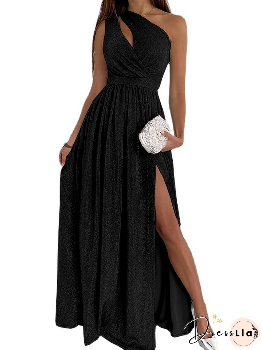 Elegant Hollow Split Chic Sexy Dresses Women Summer Dress New Sloping Shoulder Sleeveless Sparkling High Waist Long Dress