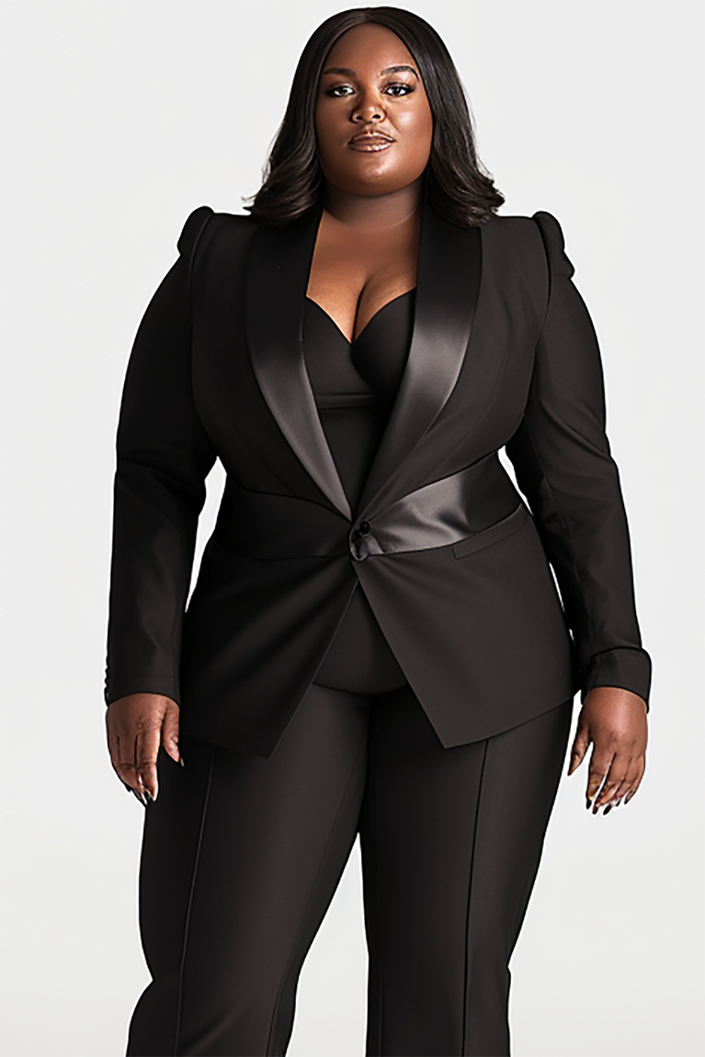 Design Plus Size Semi Formal Black Turndown Collar Long Sleeve Contrast Blazer Two Piece Pant Suits [Pre-Order]