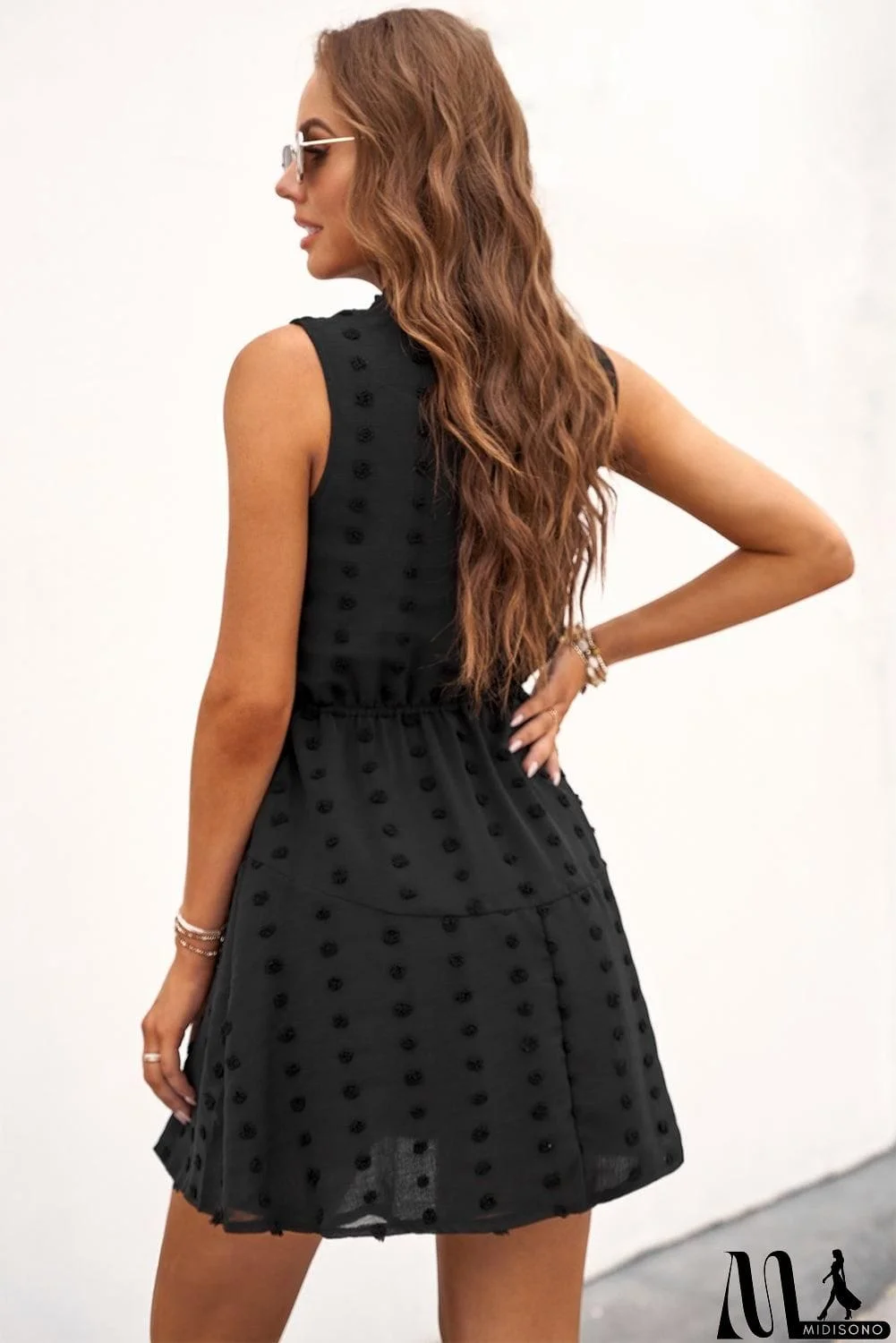 MidiSono - Swiss Dot Tie-Neck Sleeveless Dress