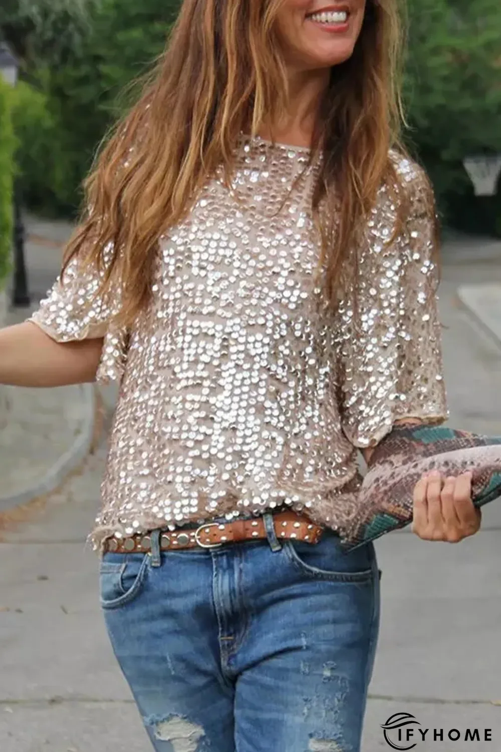 Casual Street Solid Sequins O Neck T-Shirts | IFYHOME