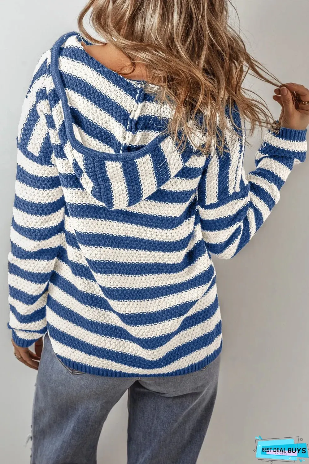 Drawstring Striped Long Sleeve Hooded Sweater