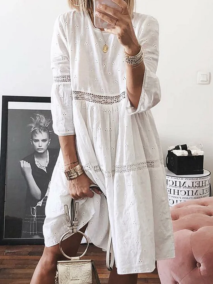 Crew Neck Lace Patchwork Hollow Out 3/4 Sleeve Midi Dress