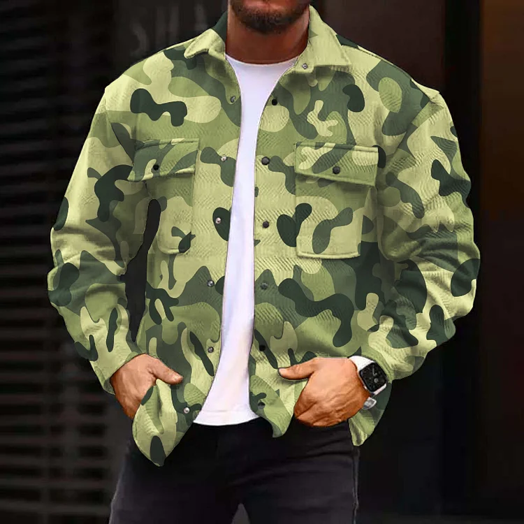 Broswear Men's Green Camouflage  Outdoor Long Sleeve Shirts Jacket