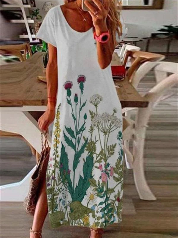 White Short Sleeve Plants Printed Women Long Dress