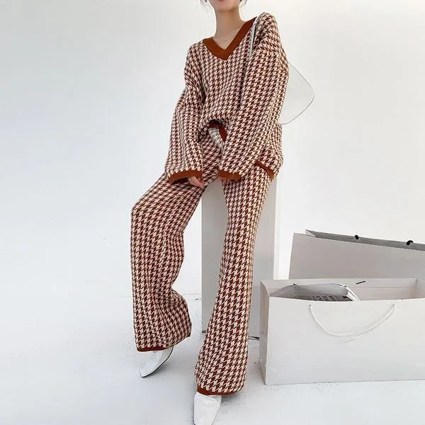 Knitting Splicing Plaid New Fashion V-neck Pullover Top Loose Casual Elastic Waist Full Length