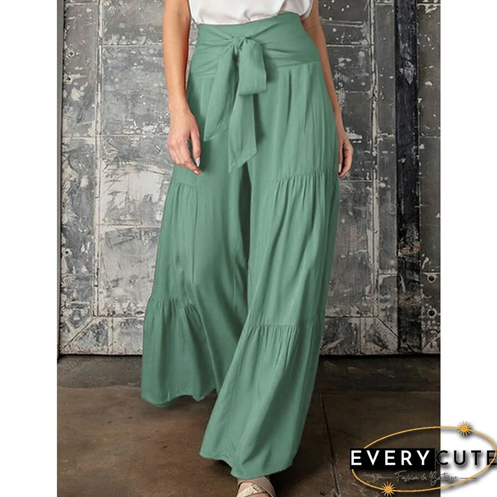 Green Smocked High Waist Palazzo Pants with Tie