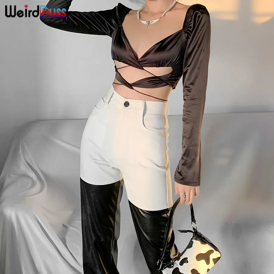 Weird Puss Women Y2K Straight High Waist Pants Chic Leather Denim Patchwork Loose Pocket Vintage Casual Streetwear Slim Trousers
