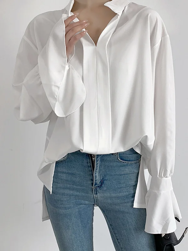 Flared Sleeves High-Low Solid Color V-Neck Blouses&Shirts Tops