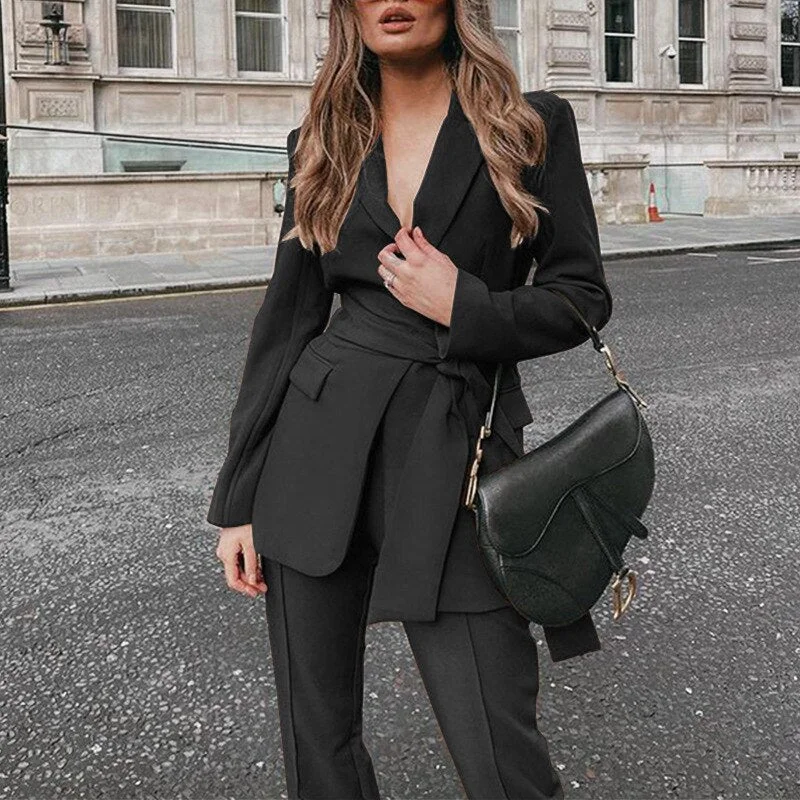 Female Office Blazer Two Piece Suits With Belt Solid Slim Trousers Spring Autumn Women Outfits Jacket Blazer Matching Pant Suits