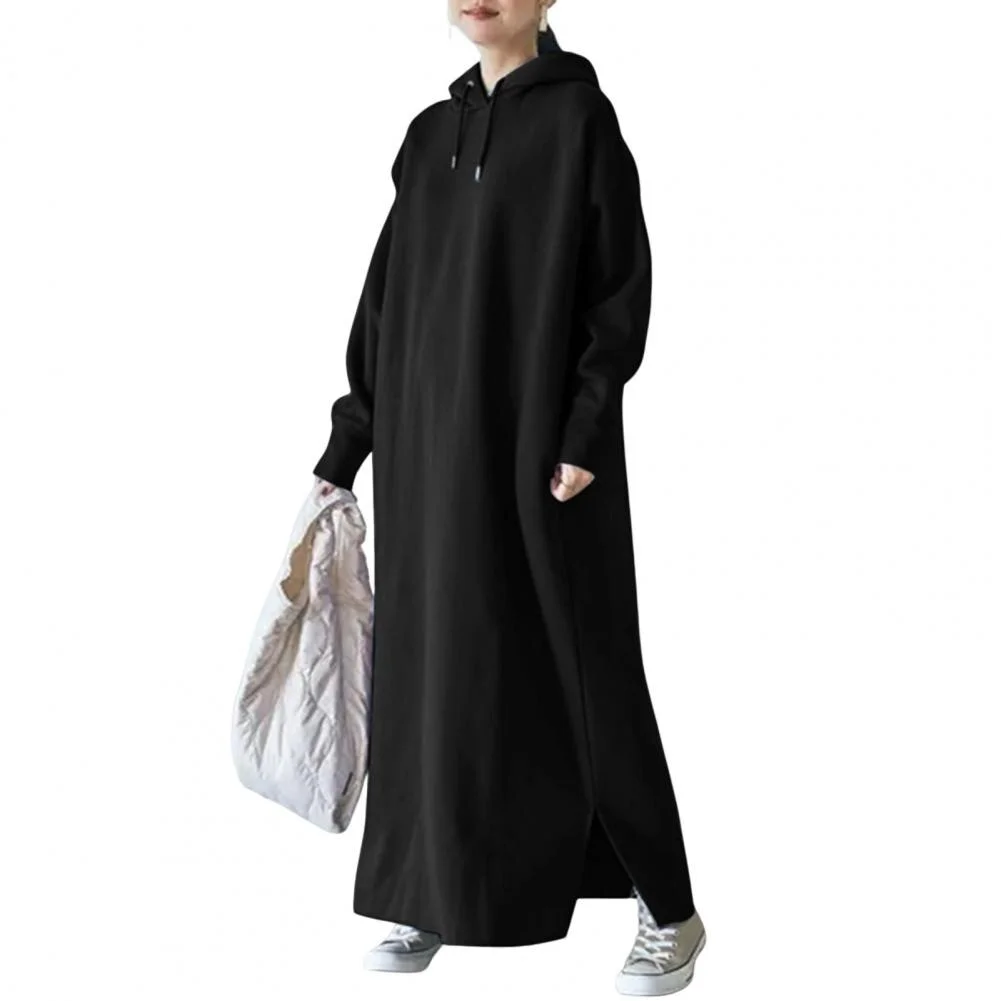 Drawstring Long Sleeve Side Split Hem Thickened Fleece Lining Sweatshirt Dress Autumn Winter Oversized Warm Hooded Maxi Dress