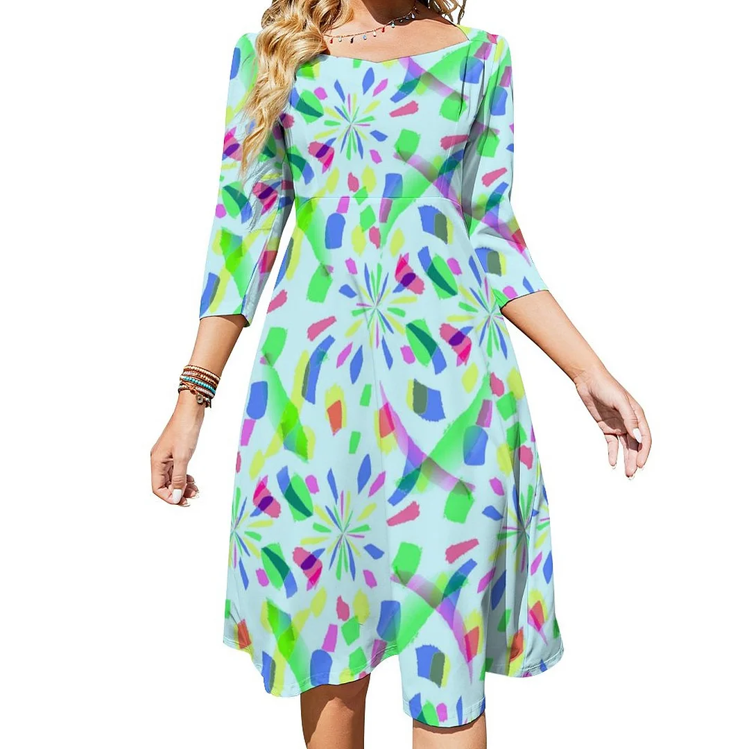 Abstract Paint Splashes At Light Sky Blue Colors Dress Sweetheart Tie Back Flared 3/4 Sleeve Midi Dresses
