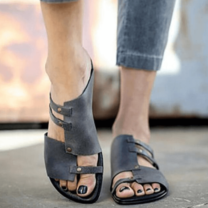 TAAFO Flat Leather Cutout Slide Open Toe Sandals