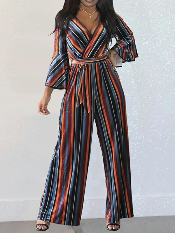 Multi-Colored Striped V-Neck Belted Empire Loose Jumpsuit