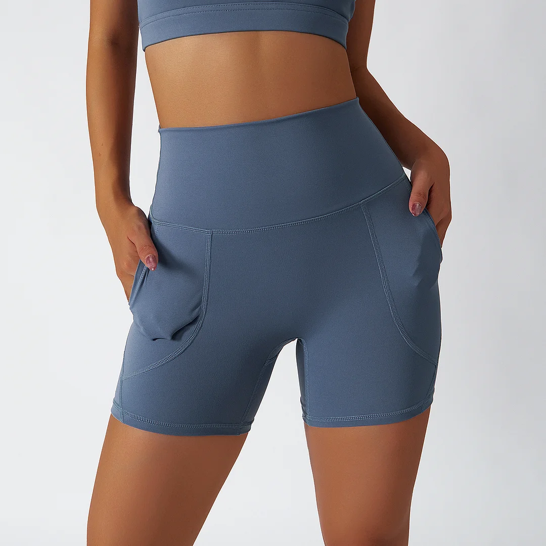 Buy different colors and types of renewable fabric sustainable no front seam yoga shorts with side pockets on Hergymclothing