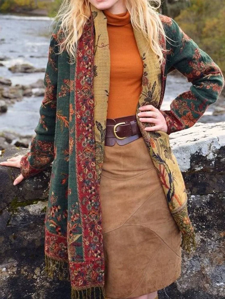 UR Fringe Detail Ethnic Print Open Front Cardigan