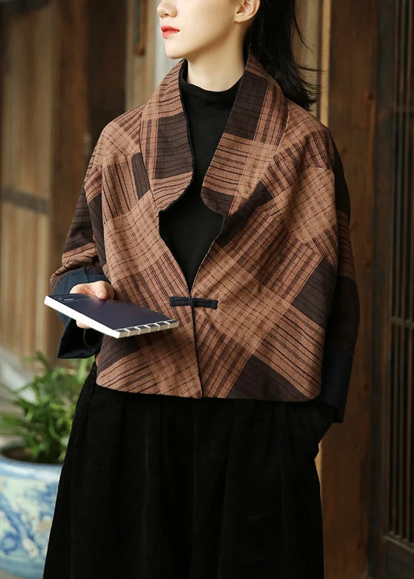 Coffee Button Patchwork Cotton Coat Stand Collar Long Sleeve