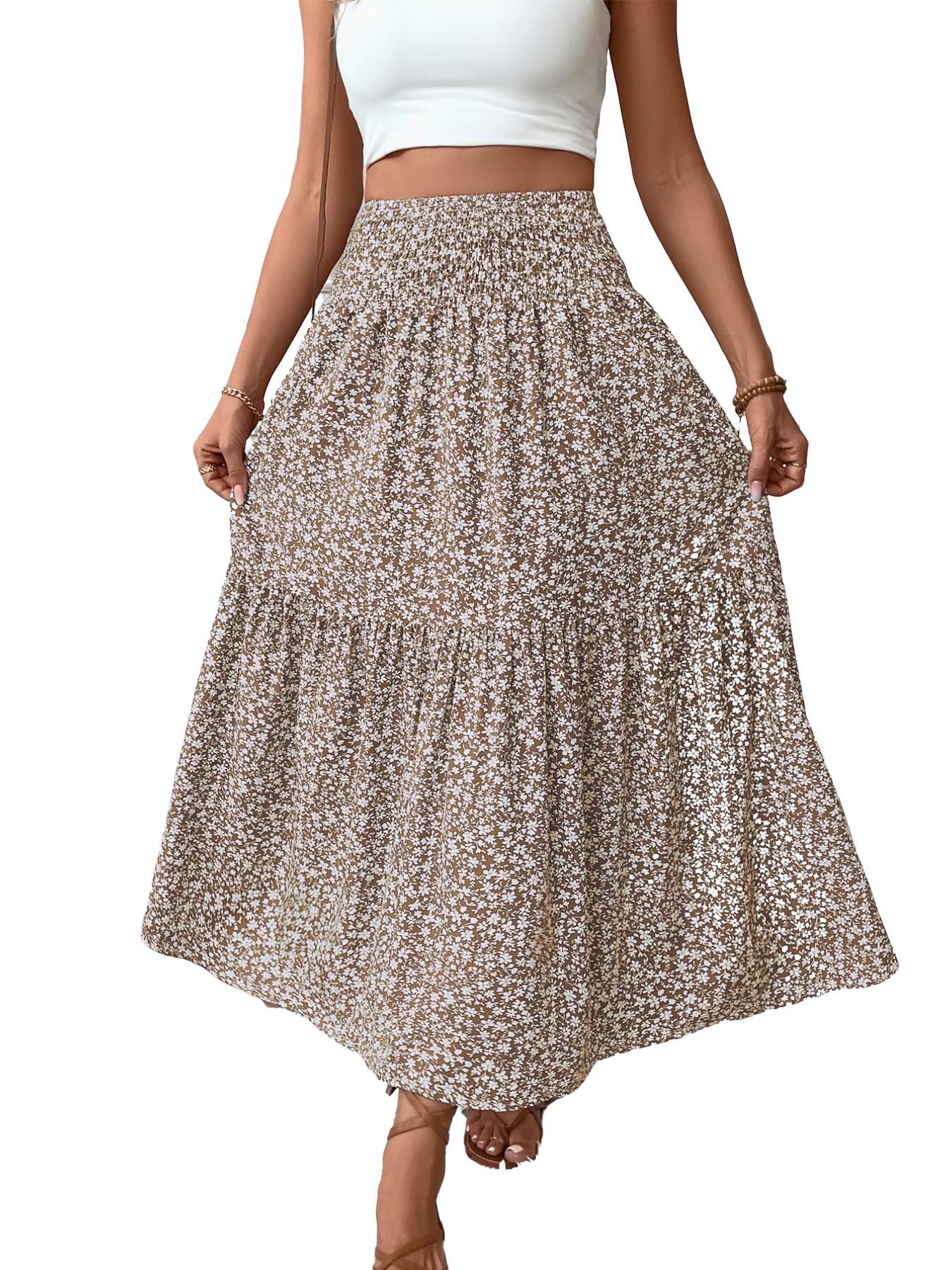 Women's Ditsy Floral Vintage Casual Vacation Layered A-Line Skirt, Elegant Long Skirt for Spring & Fall, All over Print Fitted Style
