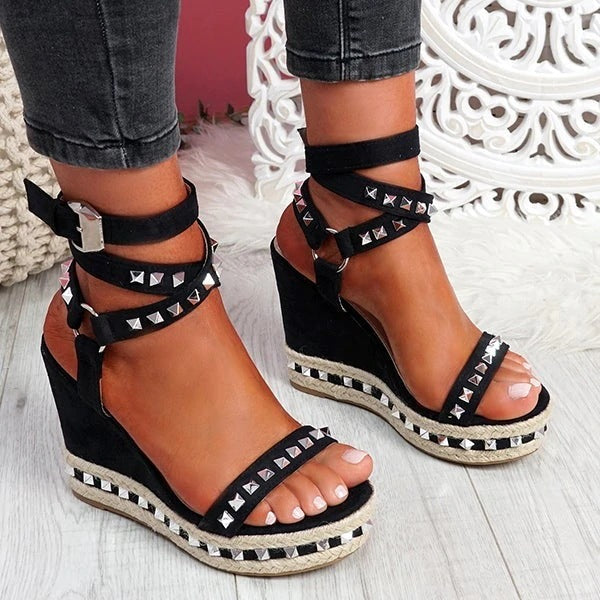 Women rivets red ankle buckle strap wedge sandals