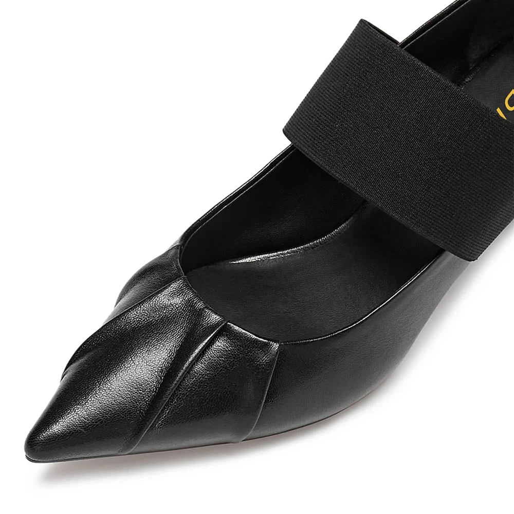Black Elastic Band Pointed Toe Pleated Pumps Shoes with Kitten Heels