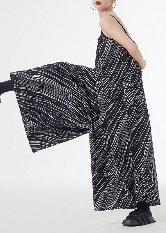 VCSHOES Loose Black Striped Patchwork Silk Cotton Wide Leg Jumpsuits Sleeveless