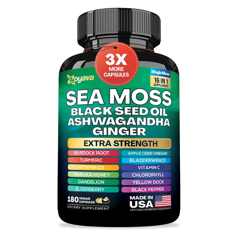 Zoyava Sea Moss Supplement - All-in-One Multivitamin with Black Seed Oil, Ashwagandha & 15+ Extra Strength Ingredients - 60 Capsules - MADE IN USA