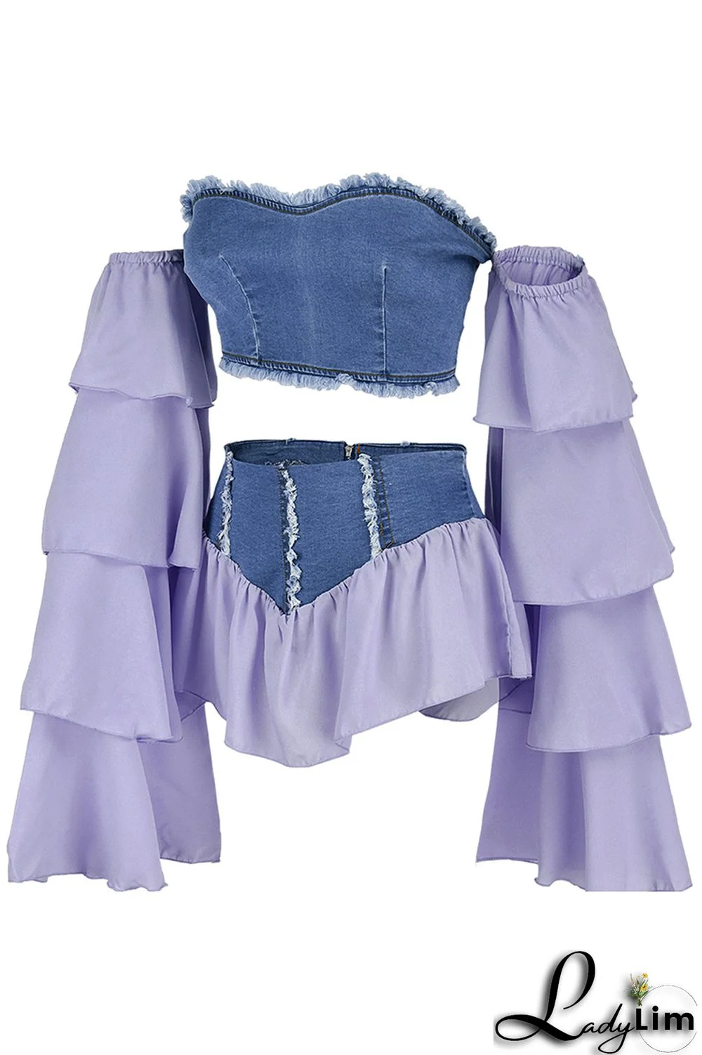 Yellow Fashion Sexy Patchwork Backless Off the Shoulder Long Sleeve Two Pieces