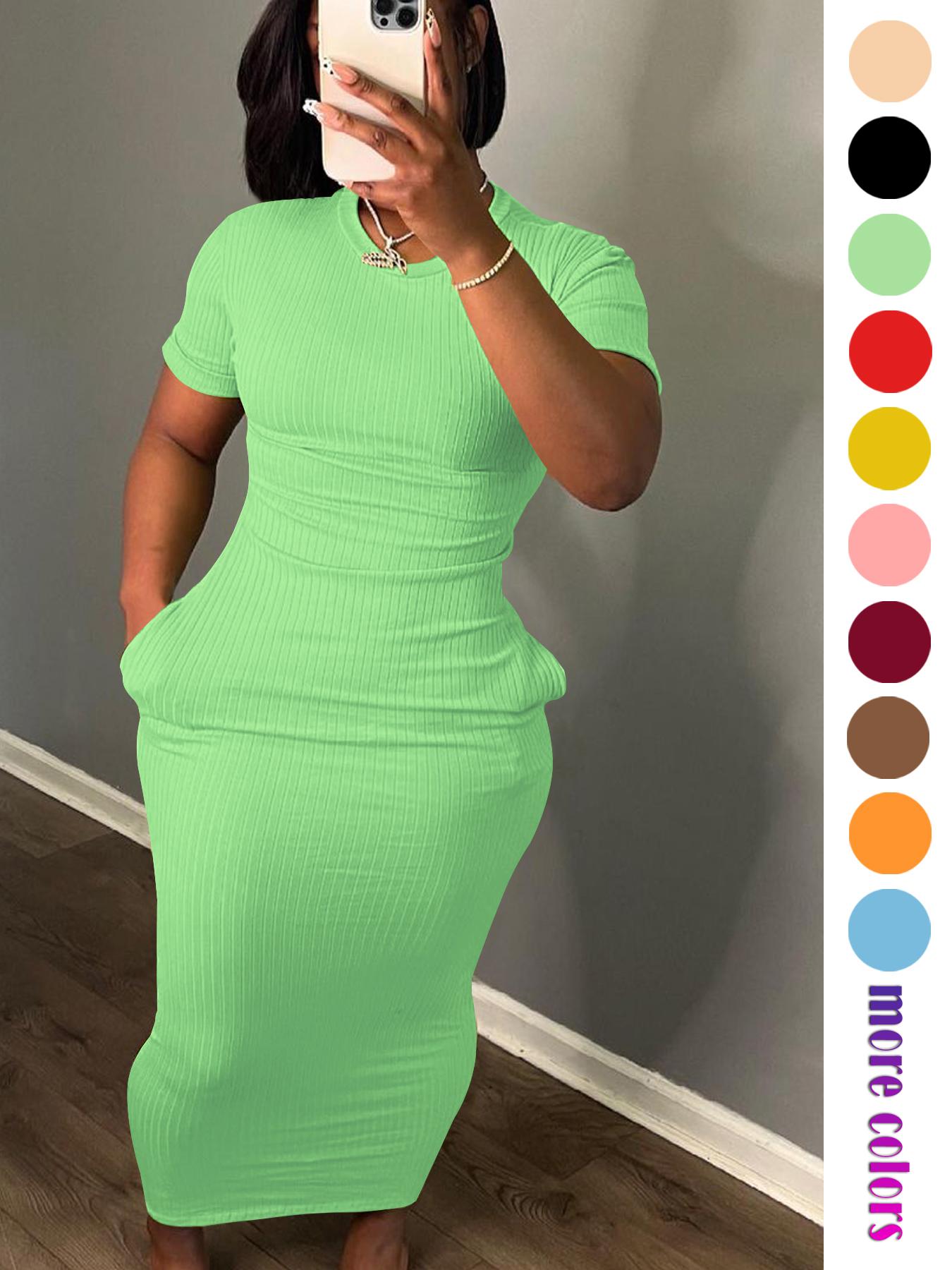 Threaded Elastic Solid Color Bodycon Dress, Breathable Elastic Party Outing Travel Pocket Long Dress, Summer Dress, Everyday Casual Wear, Womenswear
