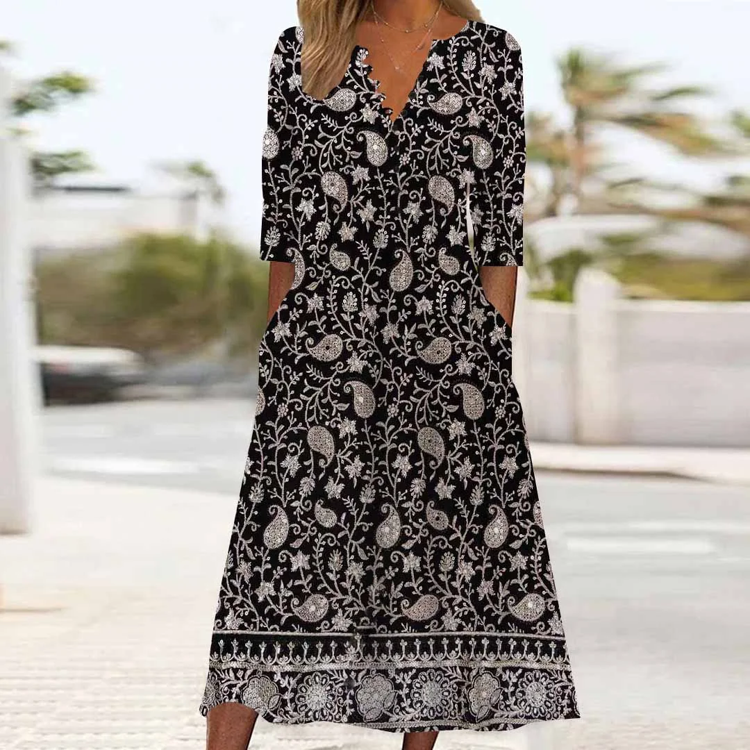 Women Graphic,Black DZHB8389 Long Sleeve V-Neck Graphic Printed Midi Dress