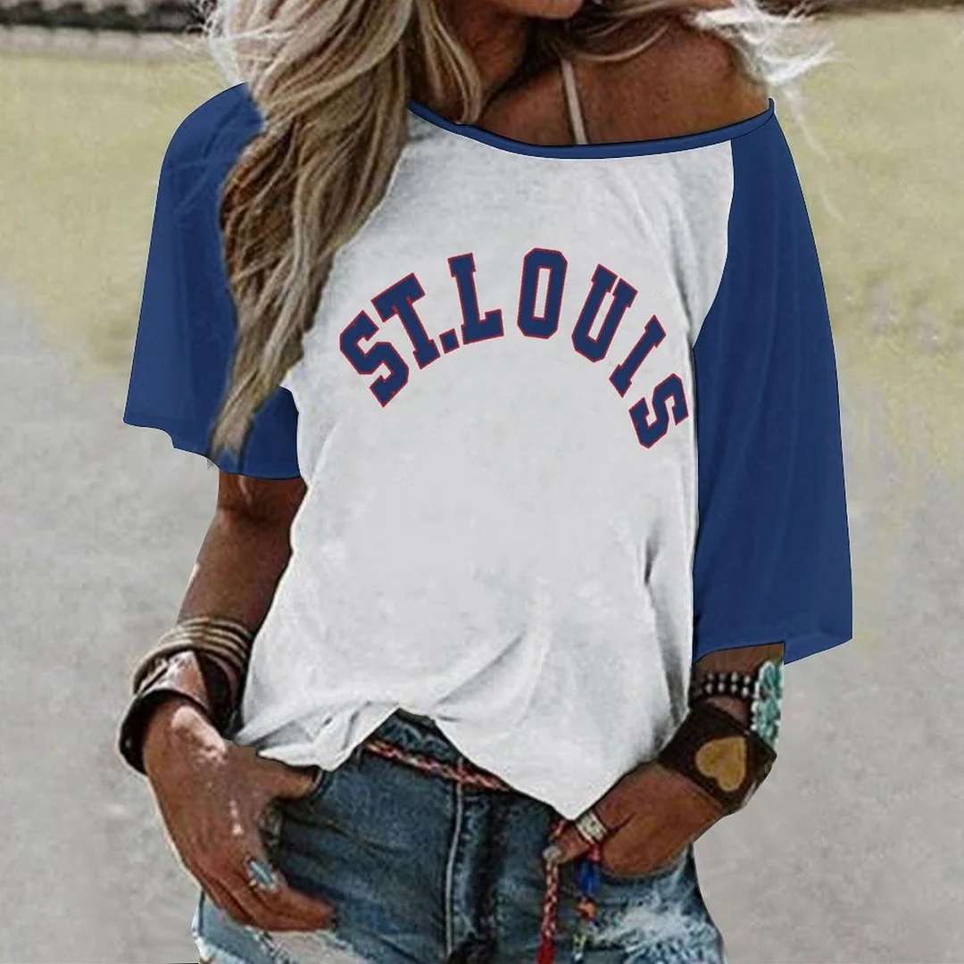 Shoulder Off  Loose Short Sleeve Casual T-shirt for Women Printed with Pattern,Red,Dark Blue,White