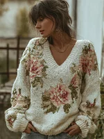 Vintage Pink Floral V Neck Cozy Knit Sweater