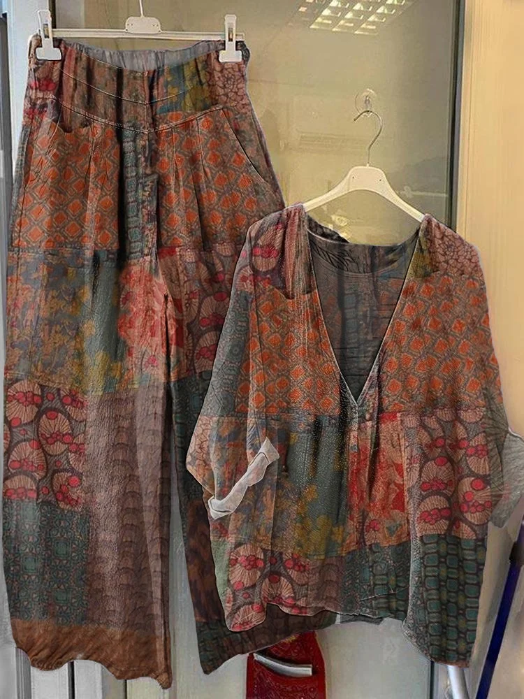Women's Vintage Patchwork Pattern Art Print V-Neck Top Wide Leg Pants Cotton Set
