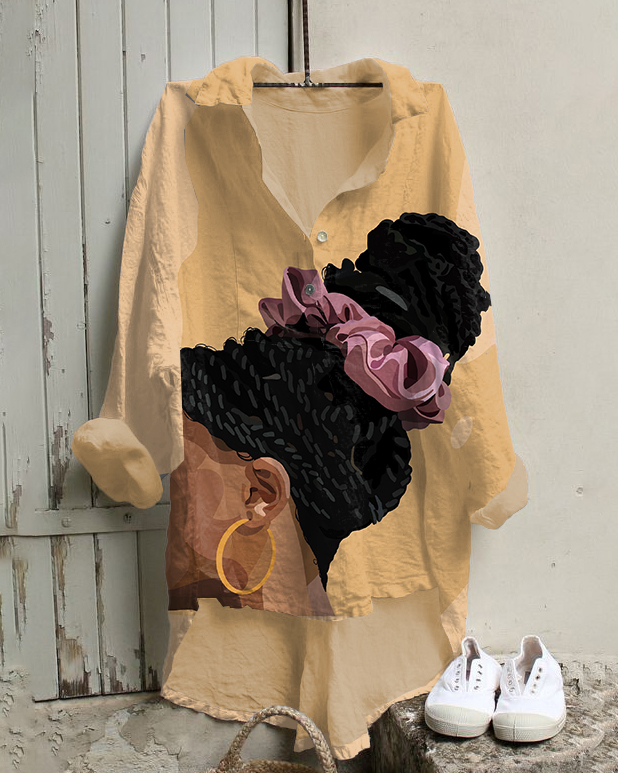 Women's Fashion Braid Art Print Cotton And Linen Tunic Shirt
