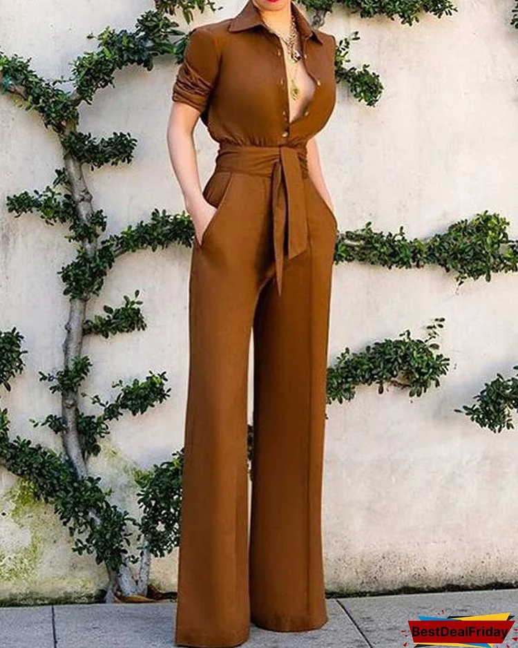 sexy turndown collar pure colour long sleeve jumpsuit p306334