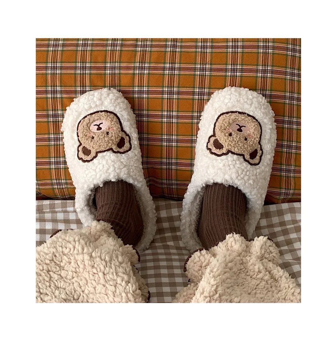 2022 Winter Women Slipper Lovely Bear Cartoon Plush Cotton Home Slippers Female Indoor Household Anti-Skid Thick Bottom Slipper