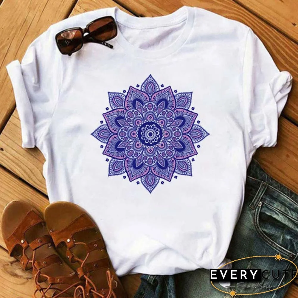 Maycaur New Mandala Floral Printed T Shirt Women Casual Fashion T-shirt Loose Short Sleeve 90s Girls Aesthetics Black Tshirt Top