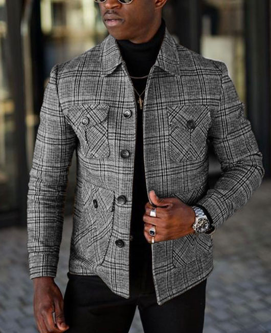 Daily Multi-Pocket Turndown Collar Buttons Plaid Jacket