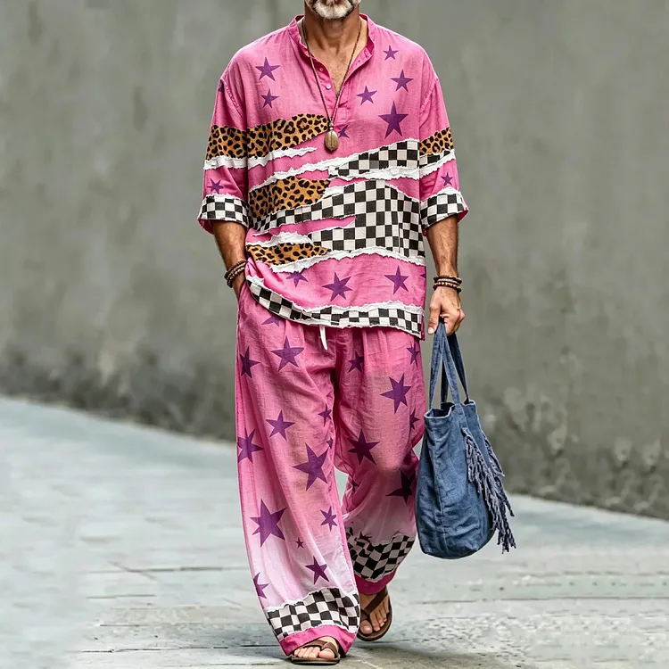 Men's Retro Star Geometric Art Print Shirt And Pants Two Piece Set
