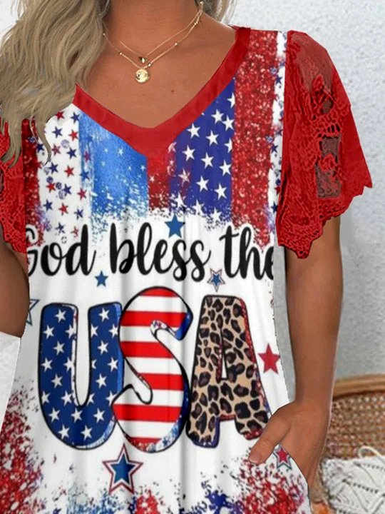 Women's Short Sleeve V-neck Graphic Lace Pockets Tops