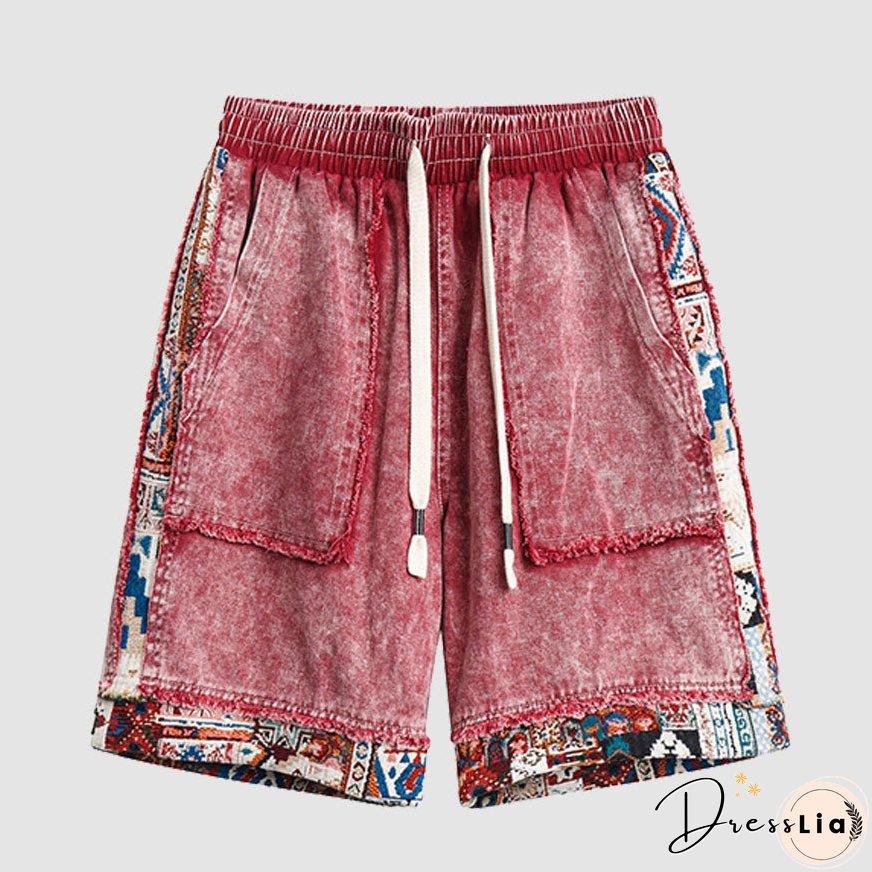 Ethnic Style Denim Patchwork Drawstring Shorts